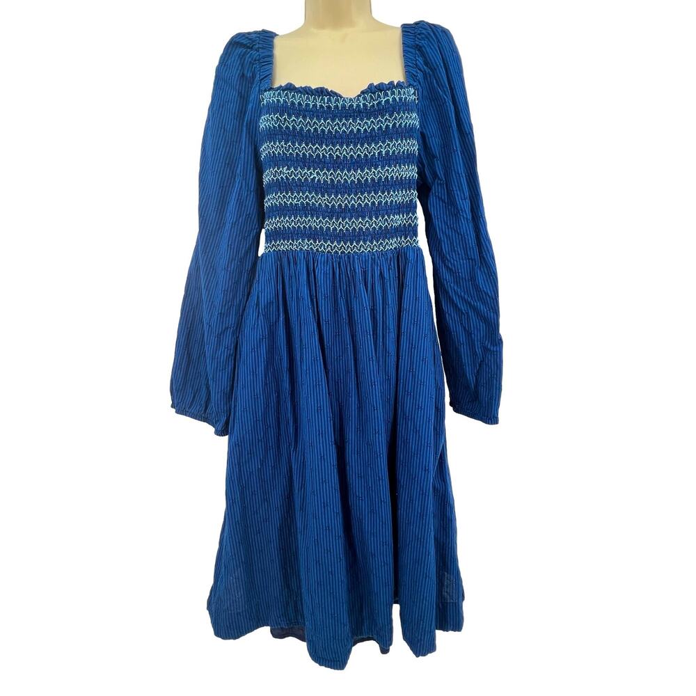 Draper James RSVP Dress Women's XL‎ Blue Striped Smocked Milkmaid Style Peasant